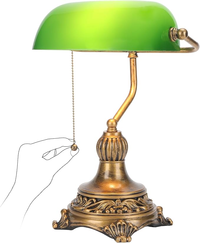 NISSAFORS Bankers Lamp with Pull Switch, Green Glass Desk Lamp with Retro Black/Gold Finish, Vintage Table Lamps for Living Room, Library, Piano(Green)