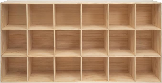 18-Cube Pine Wood Storage Organizer, Solid Wooden Bookshelf with Back Panel, 11in Shelf Opening Bookcase, Freestanding for Living Room, Bedroom, Office (70.8 x 11.8 x 35.4in)