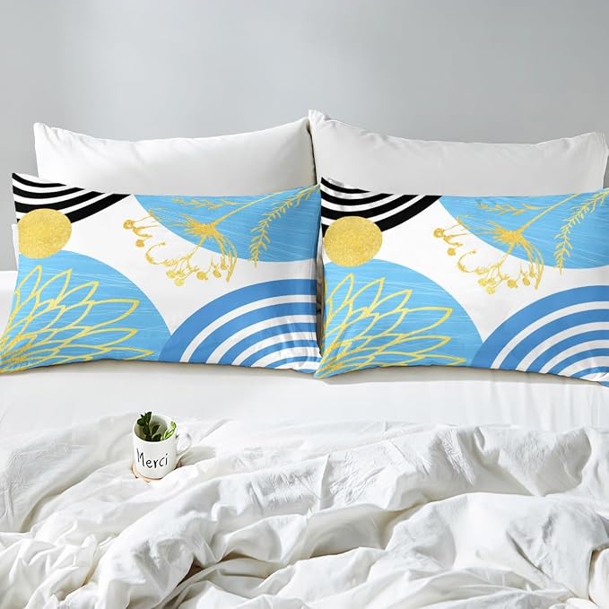 Erosebridal Sky Blue Boho Modern Duvet Cover King Size for Women Men Adults - Mid Century Abstract Comforter Cover Bohemian Geometric Bedding Set Chic Contemporary Stripes Bed Set