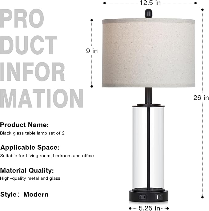 Ruzectt 26" Glass Table Lamp Single, 3-Way Dimmable Touch Control Living Room Lamp with USB C+A Ports & AC Outlet, Modern Bedside Lamps, Bedroom Lamps for Nightstand Side End Table Desk, Black-1PK
