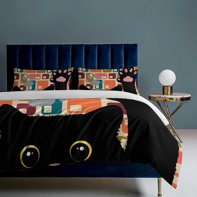 Mid Century Duvet Cover Sets Vintage Black Cat Modern Style Printed Lightweight Soft Quilt Cover Abstract Geometric Minimalist Soft Microfiber 3 Piece (1 Duvet Cover 90x102in + 2 Pillow Sham 20x30in)