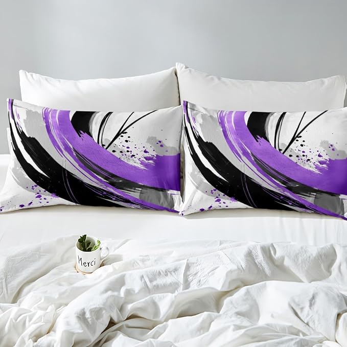 Erosebridal Black and Purple Duvet Cover | Geometric Striped Bedding Sets for Girls Modern Contemporary Art Bed Set Boys Adults Boho Minimalist Aesthetic Art Bed Cover Full 3 Pieces