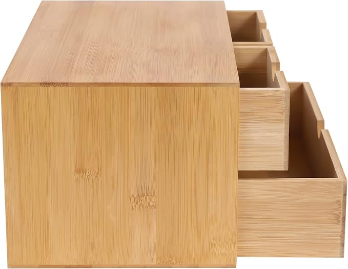 Bamboo Desk Organizer Small Retro Bamboo Tabletop Storage Box with Drawers& Recess Handles for Office Home Supplies Table Storage Collector 13 * 7.5 * 6in (3 Drawers/2 Top&1 Bottom)