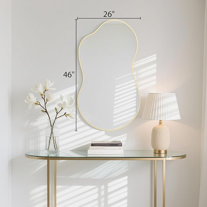 HOMECOOKIN 46" H x 26" W Irregular Wall Mirror, Asymmetrical Decorative Mirror with Gold Aluminum Frame, Wavy Abstract Gold Mirror, for Living Room, Bedroom, Bathroom, Entryway, Cloakroom