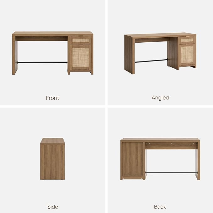 SICOTAS Rattan Home Office Desk, 2 Pieces Farmhouse Boho Executive Desk with Storage Cabinets and Drawers, Larger Writing Desk for Office, Study, Living Room, Oak