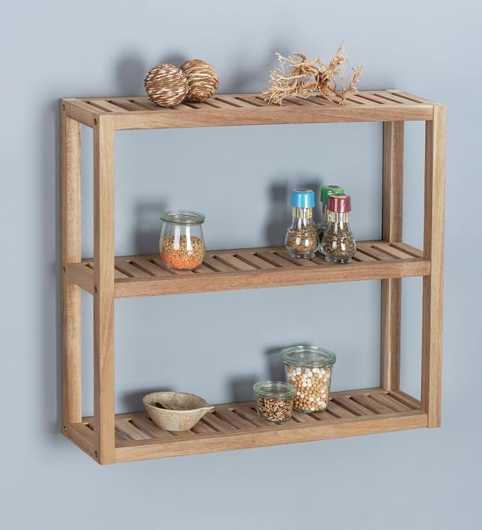 Wenko Acina Wall-Mounted Shelving Unit with 3 Trays, FSC Wood Shelves, 60 x 15 x 54 cm