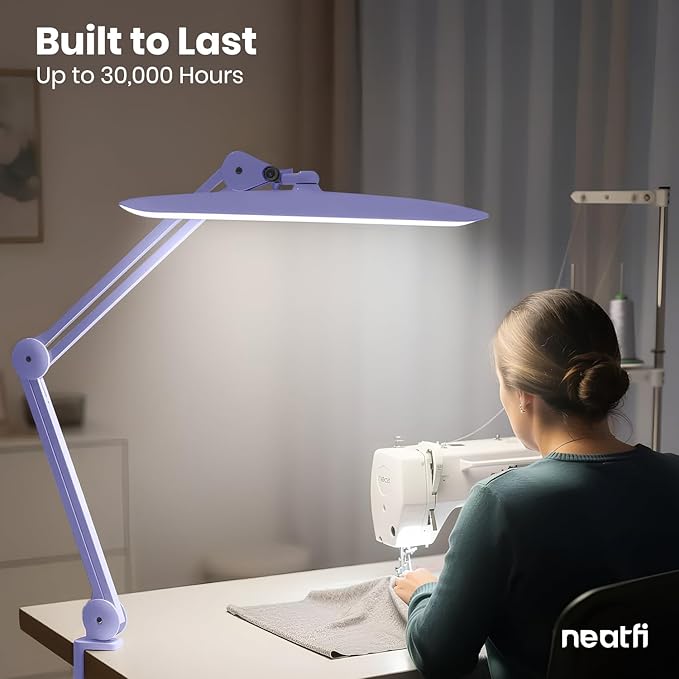Neatfi XL Nail Desk Lamp with Clamp, 2200 Lumens, 20-Inch Wide Head, Dimmable 4 Levels, 6500K, LED Task Light for Manicure Table, Crafts, Workbench, Office (Non-CCT, Lavender)