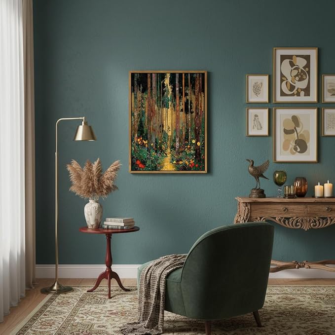 Floating Framed Gustav Klimt Forest Path Canvas Wall Art, Boho Floral Trees Print Poster, Colorful Abstract Nature Wall Decor Picture, for Modern Living Room and Bedroom Home Decoration, 8x10in