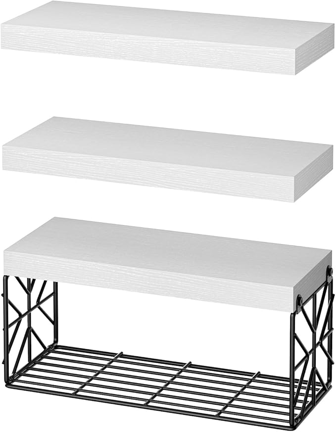 Bathroom Shelves Over Toilet Set of 3, Floating Shelves for Wall Toilet Paper Storage, 1.5" Thick Hanging Shelf, Farmhouse Wall Decor for Bathroom Living Room, Kitchen, White 4001BJWT