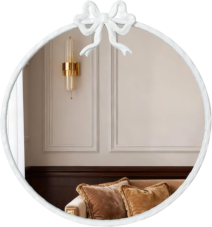 24 Inch Vintage White Round Wall Mirror, Antique Ornate Metal Circle Mirror with Baroque Bow Decor for Bathroom Vanity, Bedroom, Living Room, Hallway (White, 24" Lx24 W)