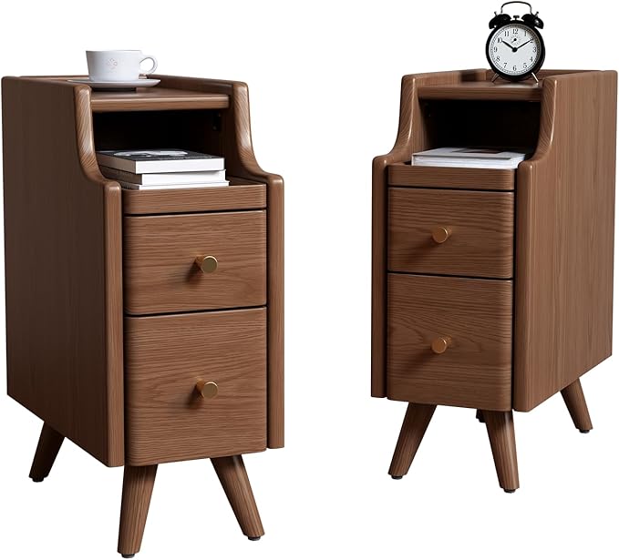 AQIMUELE Narrow Nightstand with Drawers, Wood Bedside Table, Small Walnut Nightstand Set of 2