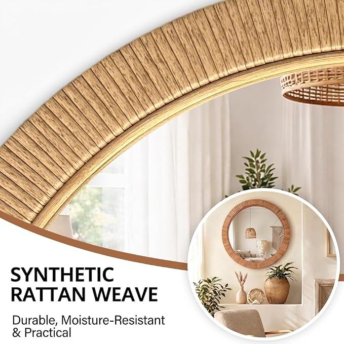28"x28" inch Large Round Rattan Mirror for Wall, Boho Decorative Wicker Mirror Waterproof Synthetic Rattan Frame, for Bathroom, Bedroom, Living Room, Entryway