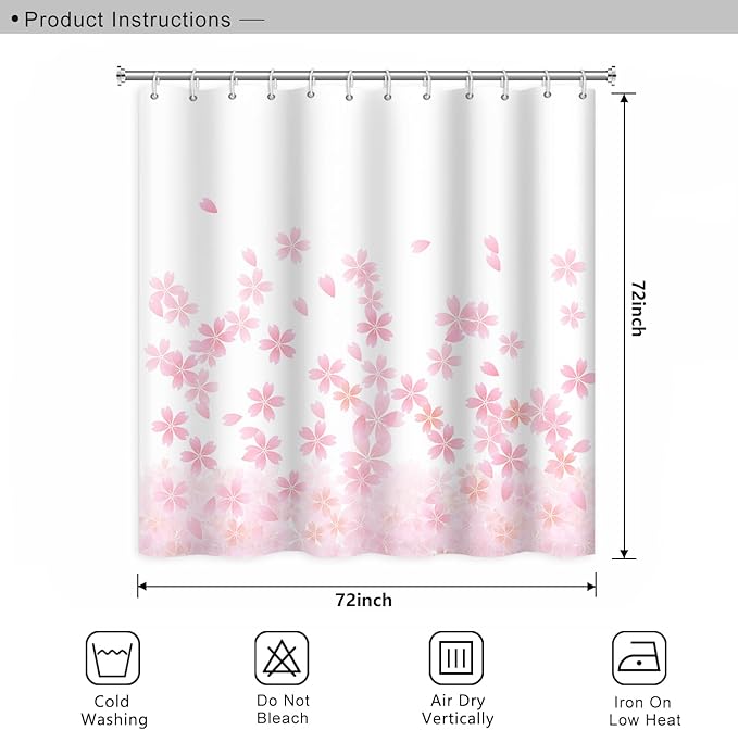 Pink Floral Bathroom Shower Curtain Cherry Blossom Dreamy Flowers Petal Shower Curtain with Hooks Polyester Waterproof Fabric Girly Home Decorative Bathtub, 72x72 Inch