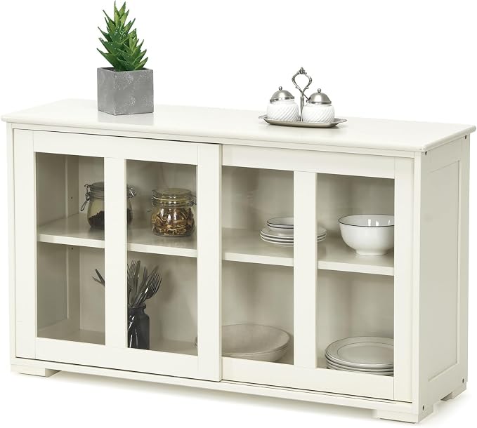 Byroce Sideboard Buffet Cabinet, Stackable Storage Coffee Bar Cabinet w/Adjustable Shelf & Glass Sliding Doors, Wood Cupboard Credenza Console Table for Kitchen Dining Living Room (1, Antique White)