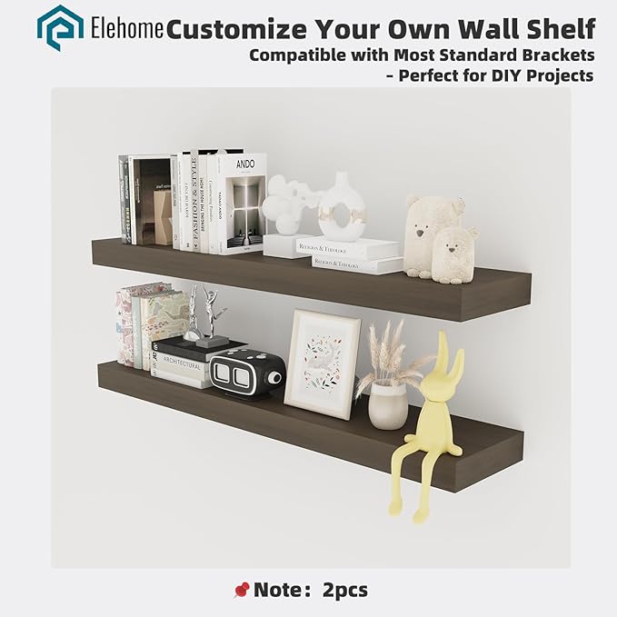 Floating Shelves Board for Wall with Brackets –42" L x 8" W x 2" T Rich Walnut Melamine Wood Floating Shelves for Bathroom, Kitchen & Living Room Set of 2– DIY & Replacement