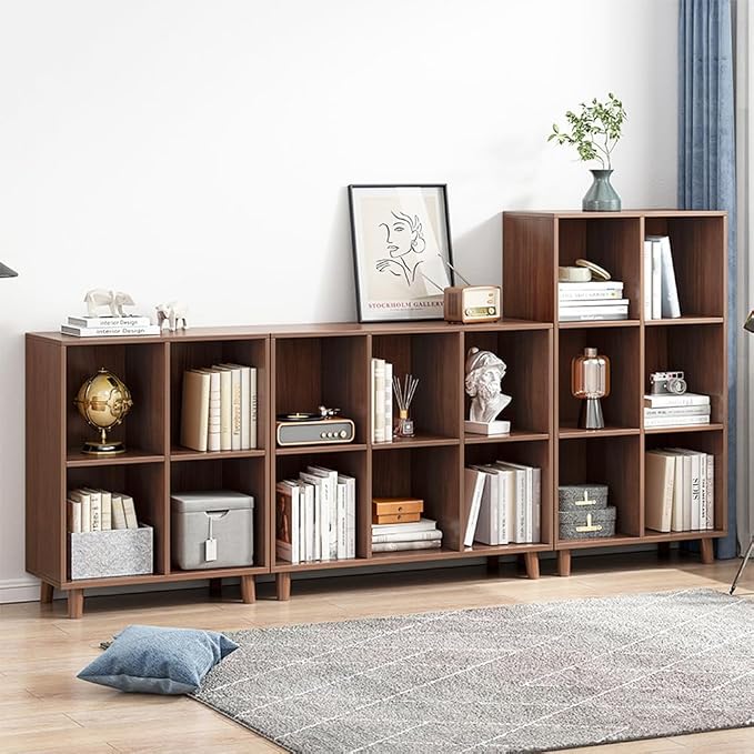IOTXY Open Cube Low Bookcase - 3-Tier Freestanding Storage Display Cabinet Organizer with Legs for Home Office, 11-Cubes Open Shelf Short Bookshelf, Walnut
