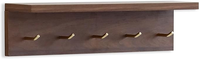 5-Hook Wall Mounted Coat Rack with Storage Shelf - Multi-Functional Key & Jacket Hanger for Entryway, Walnut Finish, Style D-1