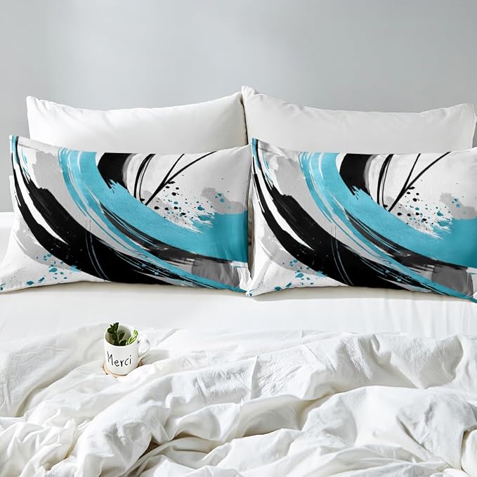 Erosebridal Black Blue Geometric Decorative Duvet Cover Queen - Geometric Boho Abstract Bedding Striped Bed Set for Boys Adults Girls Minimalists Graffiti Aesthetic Lines Bed Cover