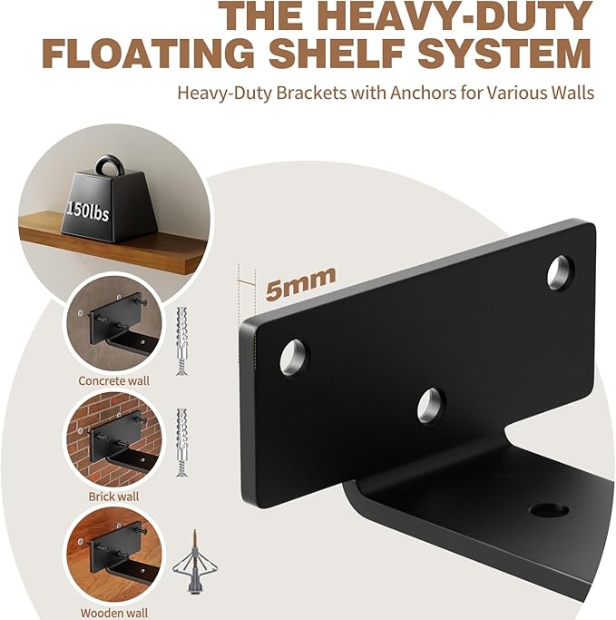 Solid Wood Floating Shelves 24'' Long, 8'' Deep Wall Mounted Shelves with Heavy Duty Brackets, Max Load 150 lbs, Wall Shelves for Bathroom Kitchen Living Room, 24 x 8 x 1.6 in, Walnut, Set of 2