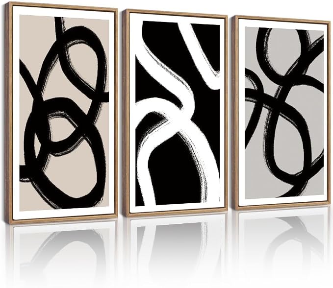 Drsoum Lager 16x24in Black Abstract Framed Wall Art Decor Duotone Minimal Dark Brush Stroke Prints Shapes Illustrations Modern Art Decorative Ready To Hang - Natural Framed