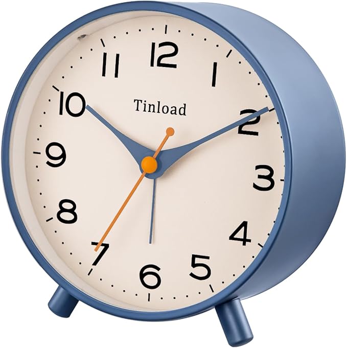 Tinload 4.5" Antique Retro Analog Alarm Clock, Small Silent Bedside Desk Clock,Lighted on Demand, Battery Operated, Snooze, for Living Room, Bedroom, Bedside(Blue)
