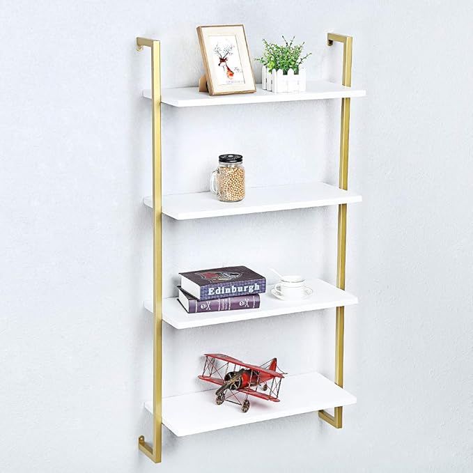 Industrial Metal Wall Shelf,Floating Wood Shelves Wall Mounted,24in Iron Real Wood Book Shelves,4 Tier Bookshelf Shelving