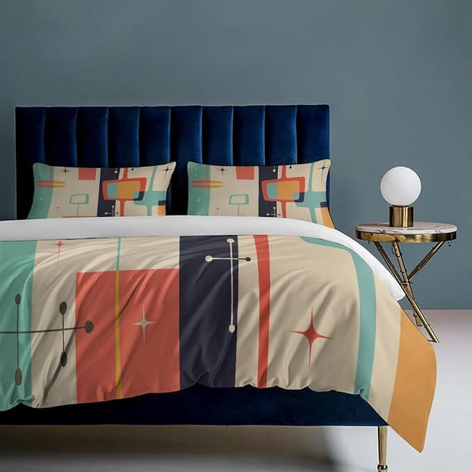 Mid Century Duvet Cover Queen Retro Atomic Bedding Set, Rainbow Grid Comforter Cover Vintage Fifties 1950s Bed Set,Abstract Art Bedding 3 Piece (1 Duvet Cover 79"x90" + 2 Pillow Sham 20"x30")