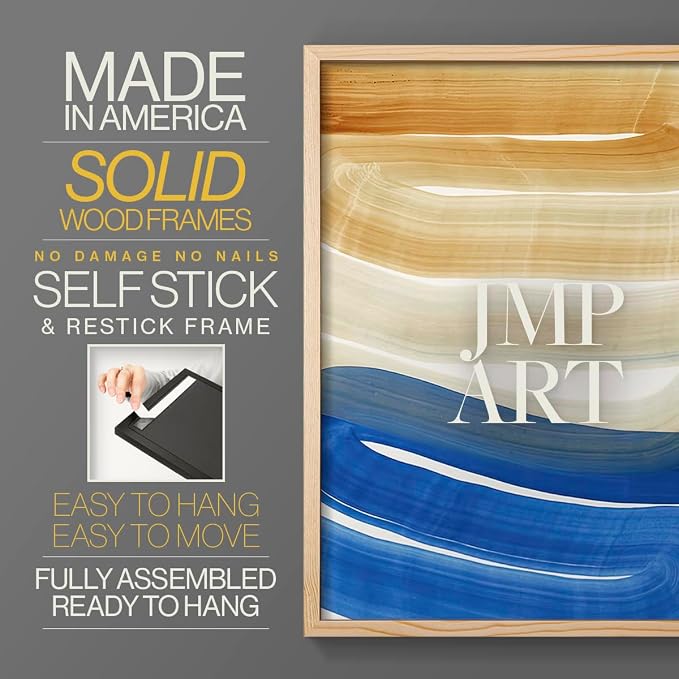 Renditions Gallery Set of 2 Peel & Stick Framed Prints, Abstract Wall Art, Blue and Gold Wave Textured Background Wall Decor, Re-Stickable - Ready to Hang - 16"x20" - NATURAL WOOD Frame LT588