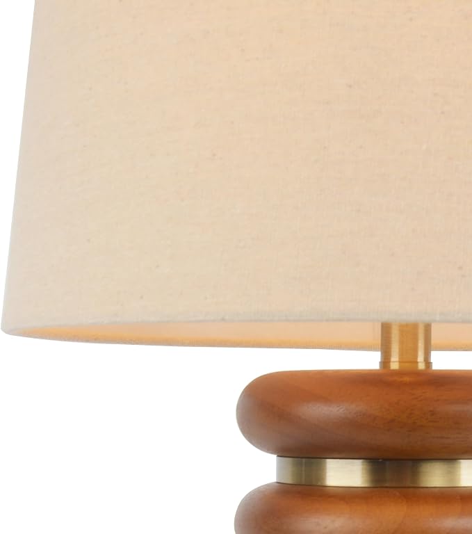 Abani Table Lamp Thalia Stacked Ring 21.5” – Mid-Century Modern Brown Wood Base with Wheat Linen Shade – E26 Bulb Included – Stylish Desk Lamp for Bedroom, Living Room, Dorm or Nightstand