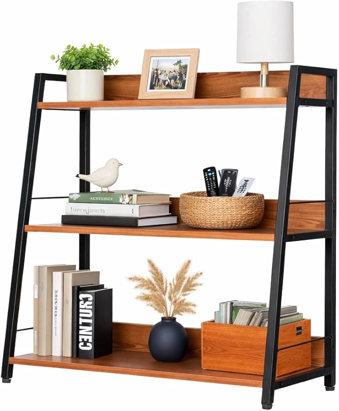Ladder Shelf, 3 Tier Bookshelf, Small Bookshelf for Small Spaces, Wood and Metal Bookcase, Ladder Bookshelf, Modern Storage Shelf for Living Room and Office (Black, Ladder)