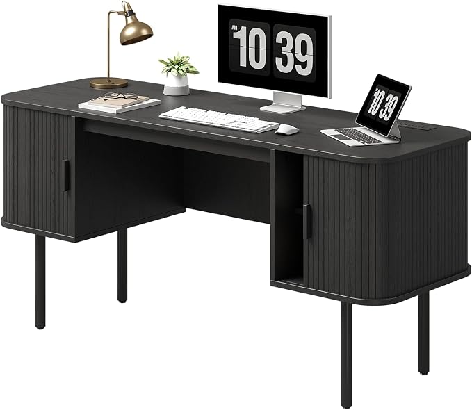 ONBRILL 63 Inch Fluted Computer Desk with Charging Station, Mid Century Executive Desk with 2 Storage Cabinets, Modern Home Office Large Desk with Metal Legs for Working, Studying, Writing, Black
