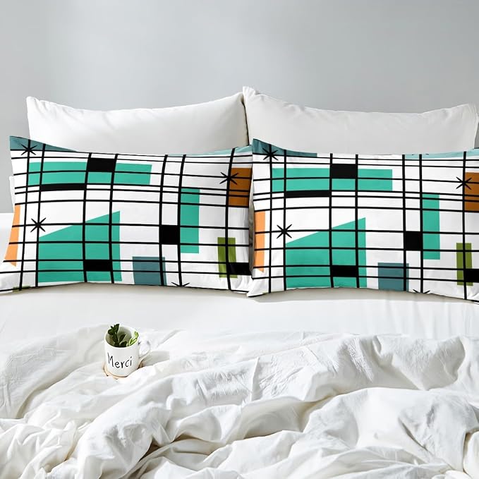 Erosebridal Retro Atomic Bed Set White Turqoise Black Duvet Cover, Geometric Lines Stripes Bedding Set Twin Mid Century Minimalist Comforter Cover, Fifties Old Fashion Bed Cover Microfiber 2pcs