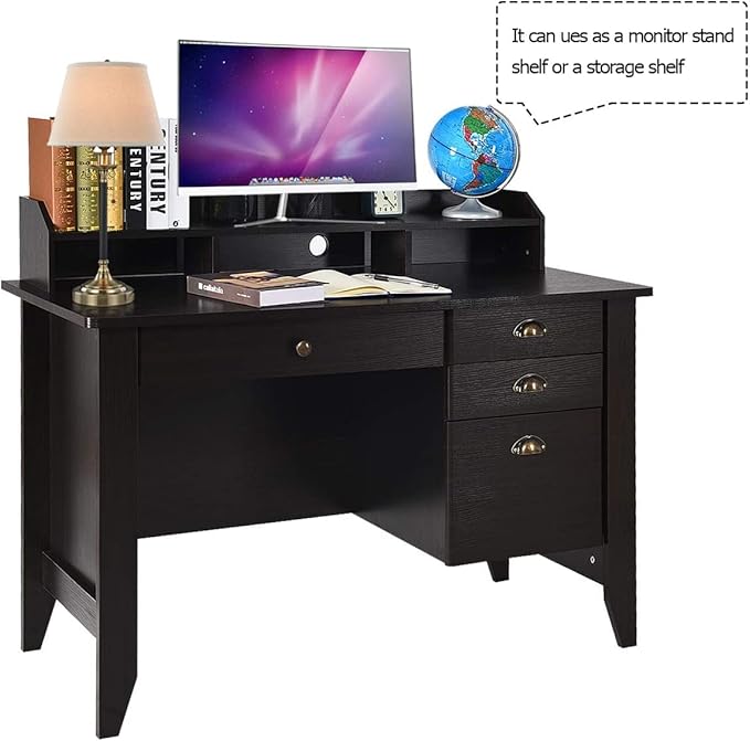 Catrimown Home Office Desk with Drawers and Hutch, Small Computer Desk with File Drawers, Writing Study Teens Student Desk for Bedroom, Student Girls Desks with Storage Shelves, Espresso Brown