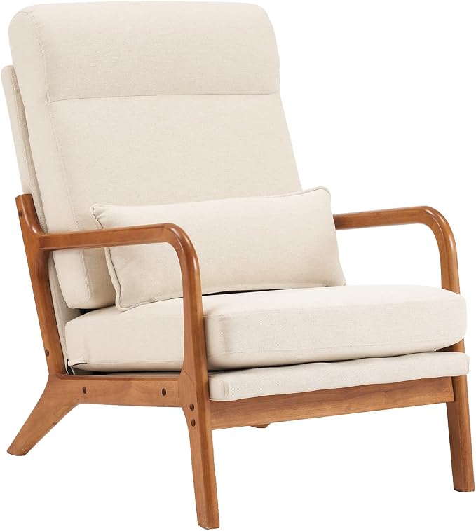 Bonnlo High Back Linen Beige Mid Century Modern Accent Chair, Soild Wood Padding Lounge Armchairs Side Sitting Chairs for Living Room, Bedroom, Guest Room