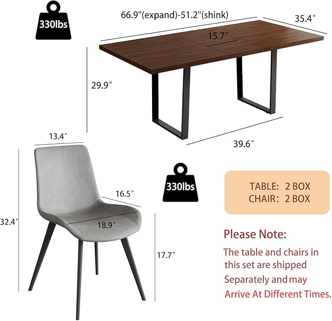 ZckyCine 67" Expandable Walnut Dining Table and 6 Upholstered Chairs, 7-Piece Dining Room Furniture Set, Mid-Century Modern Style for Home, Dining Room and Kitchen