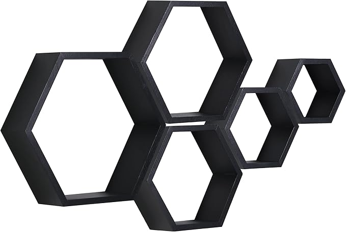 PHOENANCEE Hexagon Floating Shelves,Wall Mounted Wood Farmhouse Storage Honeycomb Shelf Set of 5,for Bathroom, Kitchen, Bedroom, Living Room,Office,Home Room Wall Decor Driftwood Finish
