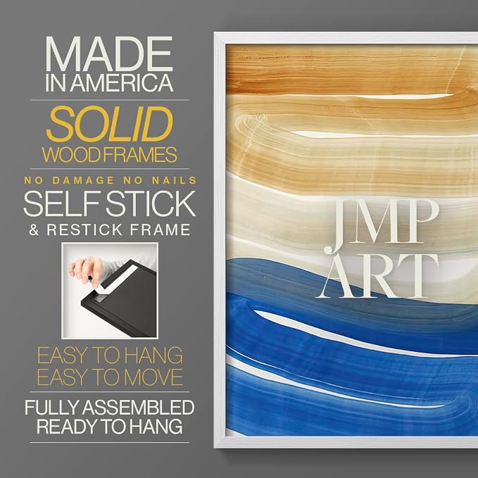 Renditions Gallery Set of 2 Peel & Stick Framed Prints, Abstract Wall Art, Blue and Gold Wave Textured Background Wall Decor, Re-Stickable - Ready to Hang - 8"x10" - White Frame LT588