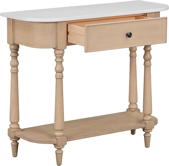 SOFTSEA Small Curved Console Table with Storage Drawer and Open Shelf, Farmhouse Wood Entryway Table with Drawer for Living Room, Save Space, White+Beige