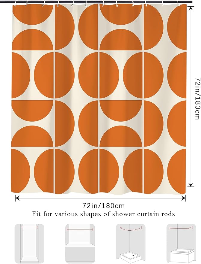 Orange Mid Century Modern Shower Curtain, Boho Abstract Geometric Retro Art Bath Curtains For Bathroom, Colorful Unique Pattern Waterproof Polyester Fabric Bathroom Accessories Set 12 Hooks 72X78IN