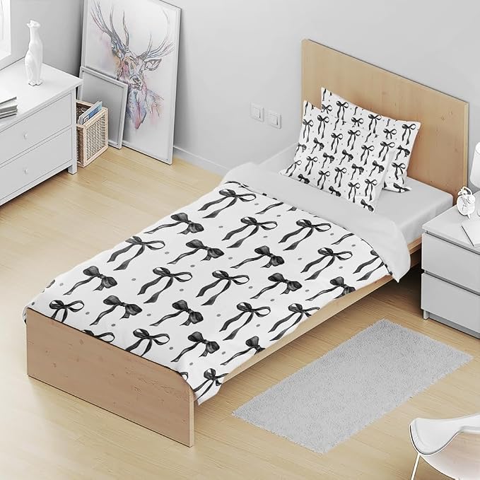 Black Duvet Cover Queen Size Trendy Black and White Bow Bowknot Bedding Set Kids Girls Soft Bedding Set Comforter Quilt Cover for Women Teens Funky Preppy Girly Coquette Room Decor 88"x88"