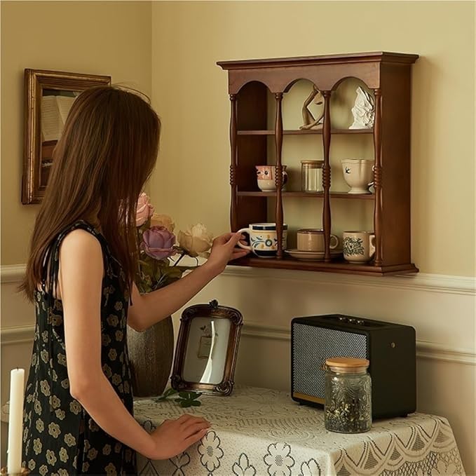 Vintage Cup Rack, Wooden Wall Cabinet, Mid-Century Wall-Mounted Storage Shelf, Solid Wood Display Rack, Curio Cabinet for Organization(35.4 * 5.9 * 19.7in)