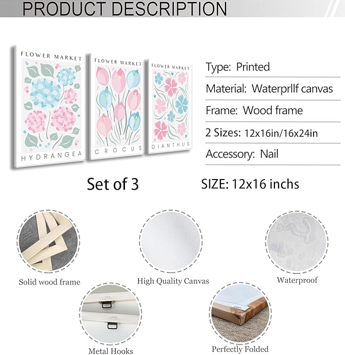 BingruiArt Flower Market Wall Art Pink and Blue Canvas Boho Floral Wall Decor Botanical College Coquette Girly Preppy Posters Prints Pictures for Apartment Batroom Bedroom Dorm Room 3Pcs 12"x16" Framed
