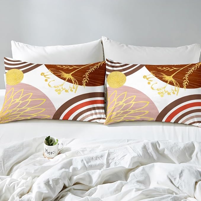 Erosebridal Mid Century Modern Queen Comforter Cover for Kids Teens Adults - Pink Brown Abstract Duvet Cover Boho Minimalist Aesthetic Bed Set Chic Modern Geometric Bohemian Floral Bedding Set