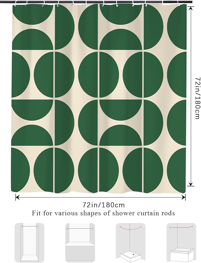 Green Mid Century Modern Shower Curtain, Boho Abstract Geometric Retro Art Bath Curtains for Bathroom, Colorful Unique Pattern Waterproof Polyester Fabric Bathroom Set 12 Hooks 60X72IN