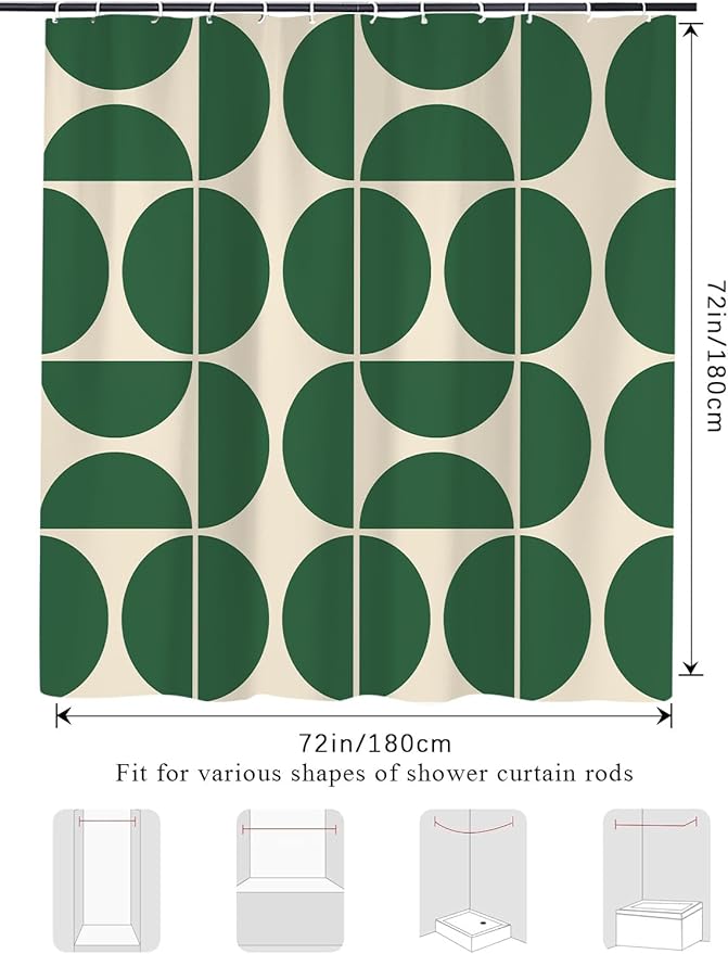 Green Mid Century Modern Shower Curtain, Boho Abstract Geometric Retro Art Bath Curtains for Bathroom, Colorful Unique Pattern Waterproof Polyester Fabric Bathroom Set 12 Hooks 60X72IN