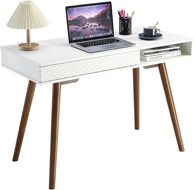 GAOMON Modern Simple Home Office Desk, Mid Century Modern Computer Writing Desk with Drawer Solid Wood Legs and Open Storage Cubby, Small Vanity Table Desk for Bedroom (White)