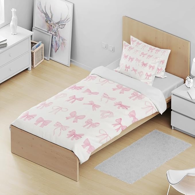 Trendy Pink Bows Duvet Cover Full King Size Pink Bowknot Bed Cover Dreamy Princess Style Kids Girls Soft Bedding Set for Adults Teens Funky Preppy Girly Room Decor Coquette Decor 104"x88"