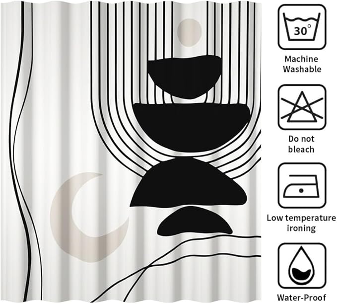 Black White Boho Shower Curtain for Bathroom Modern Abstract Minimalist Neutral Bathroom Decor Mid Century Arch Moon Geometric Bath Curtain Washable Waterproof Polyester Fabric with Hooks 48x72 Inch