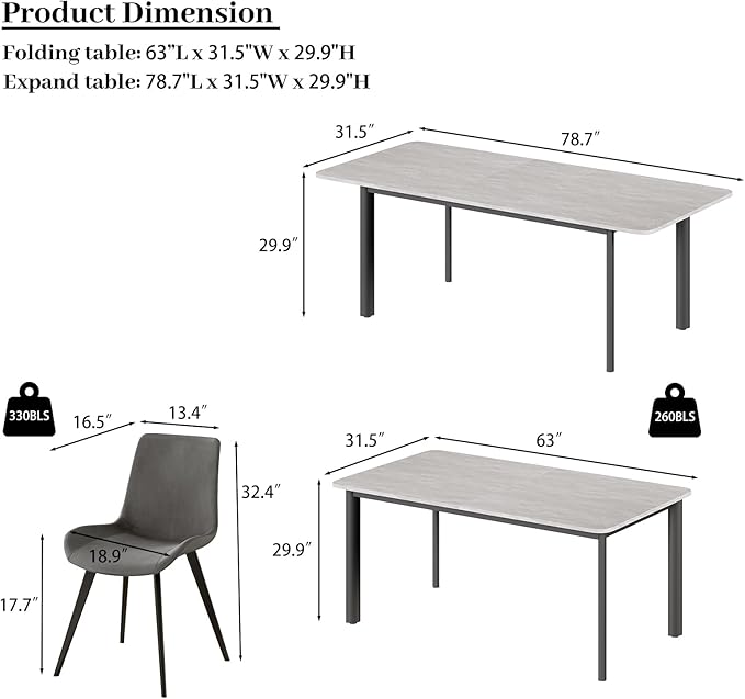 63"- 78.7" Extendable Dining Table Set for 8, Modern Kitchen Table with Dining Chairs for 6-8 Person, Thickened Expandable MDF Wooden Table with Metal Legs for Dining Room, Kitchen