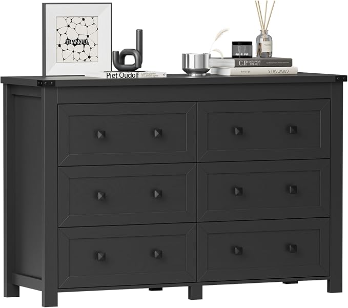 6 Drawer Dresser for Bedroom, Black Modern Dressers & Chests of Drawers with Metal Handles, Closet Storage Dresser, Storage Cabinet and Organizer with Drawers